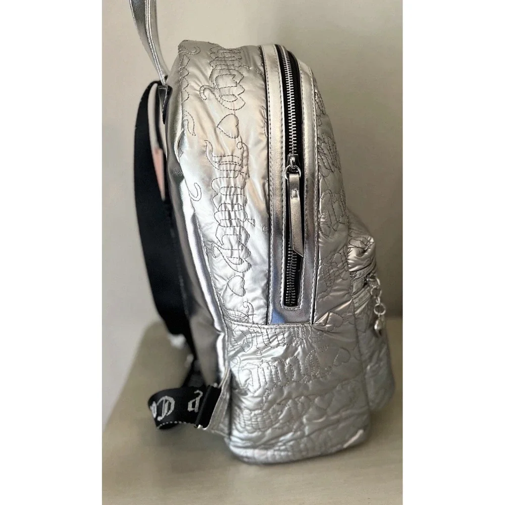 Juicy Couture Metallic Silver Quilted Logo‎ Backpack Rhinestone JC Heart Y2K NEW